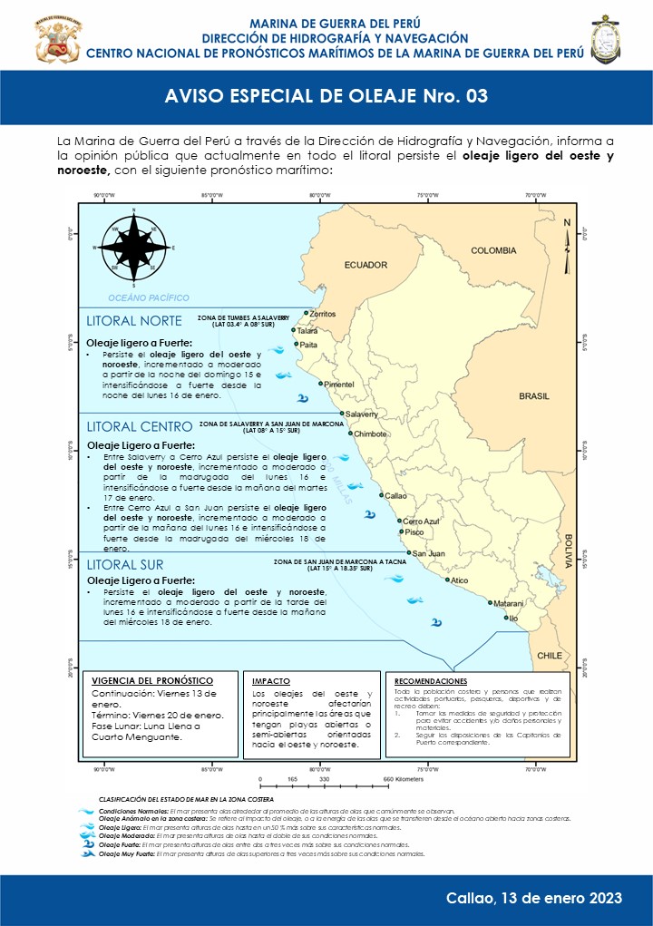 La Marina de Guerra del Per a travs de la Direccin de Hidrografa y Navegacin, informa a la opinin pblica que actualmente en todo el litoral.