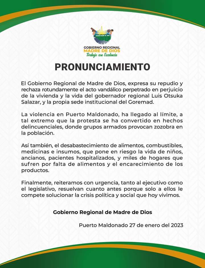 Comunicado del Gobierno regional de Madre de Dios.