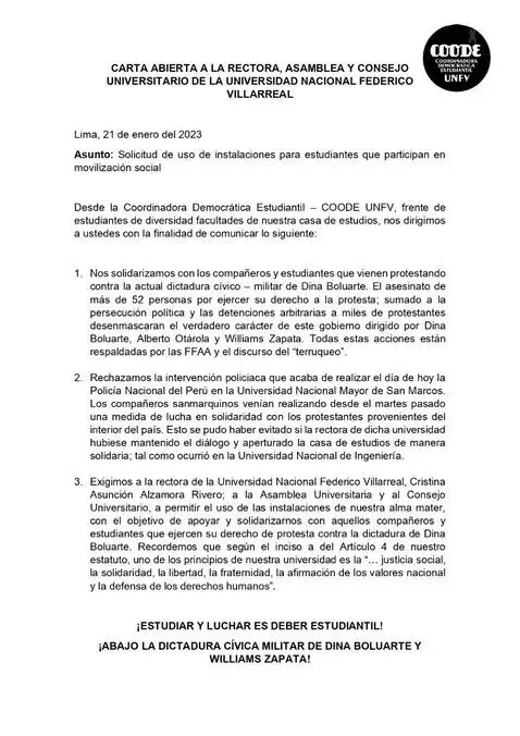 Comunicado de la Coordinadora Democrtica Estudiantil de la UNFV