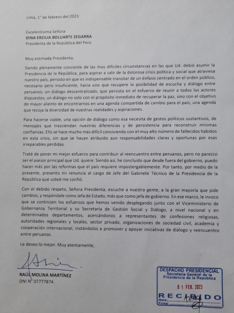 La carta de renuncia de Ral Molina.