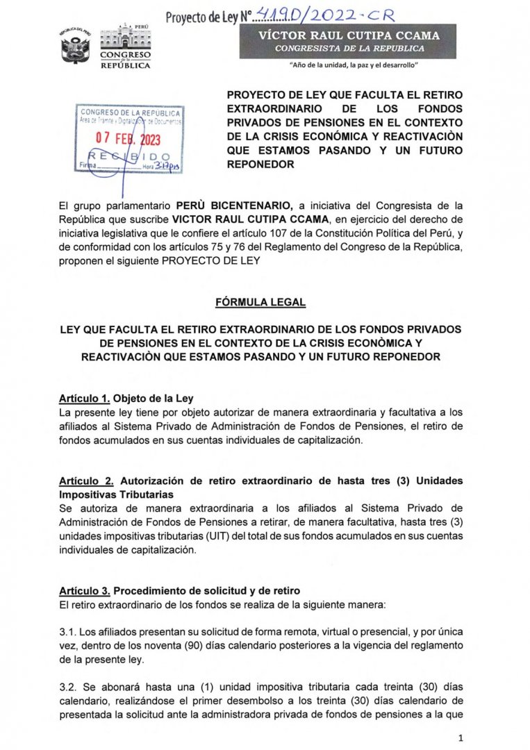 Proyecto de ley de Raúl Cutipa sobre nuevo retiro de las AFP.