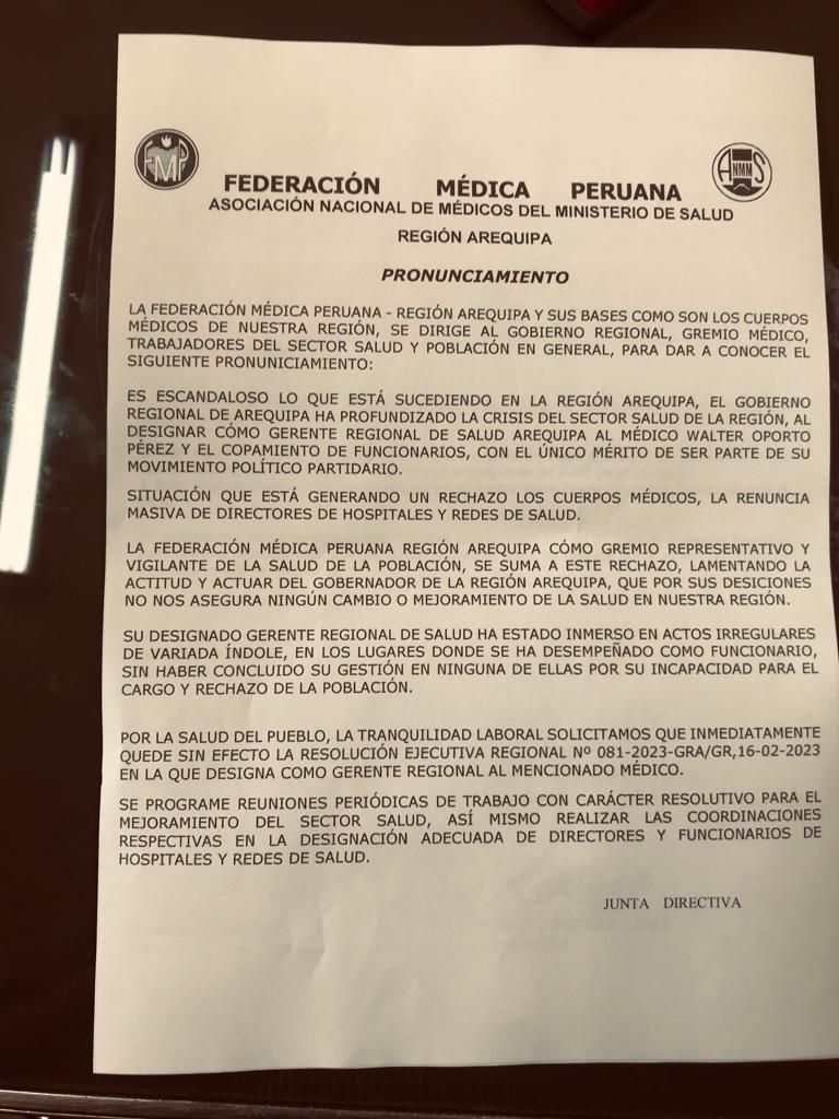 Federacin Mdica pide que se deje sin efecto designacin de gerente de Salud de Arequipa Walther Oporto