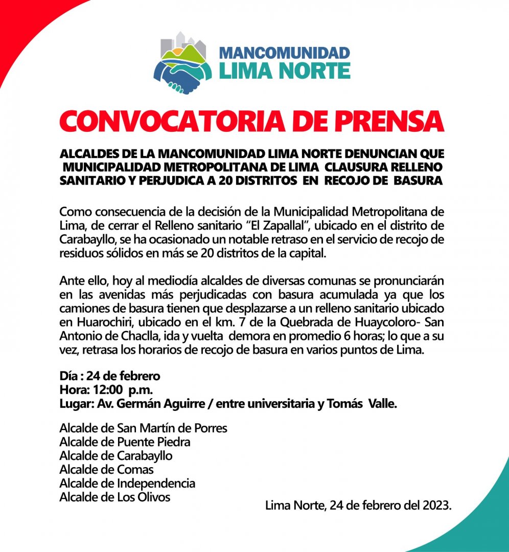 Comunicado de alcades de Lima Norte que denuncian clausura de relleno sanitario en su zona.