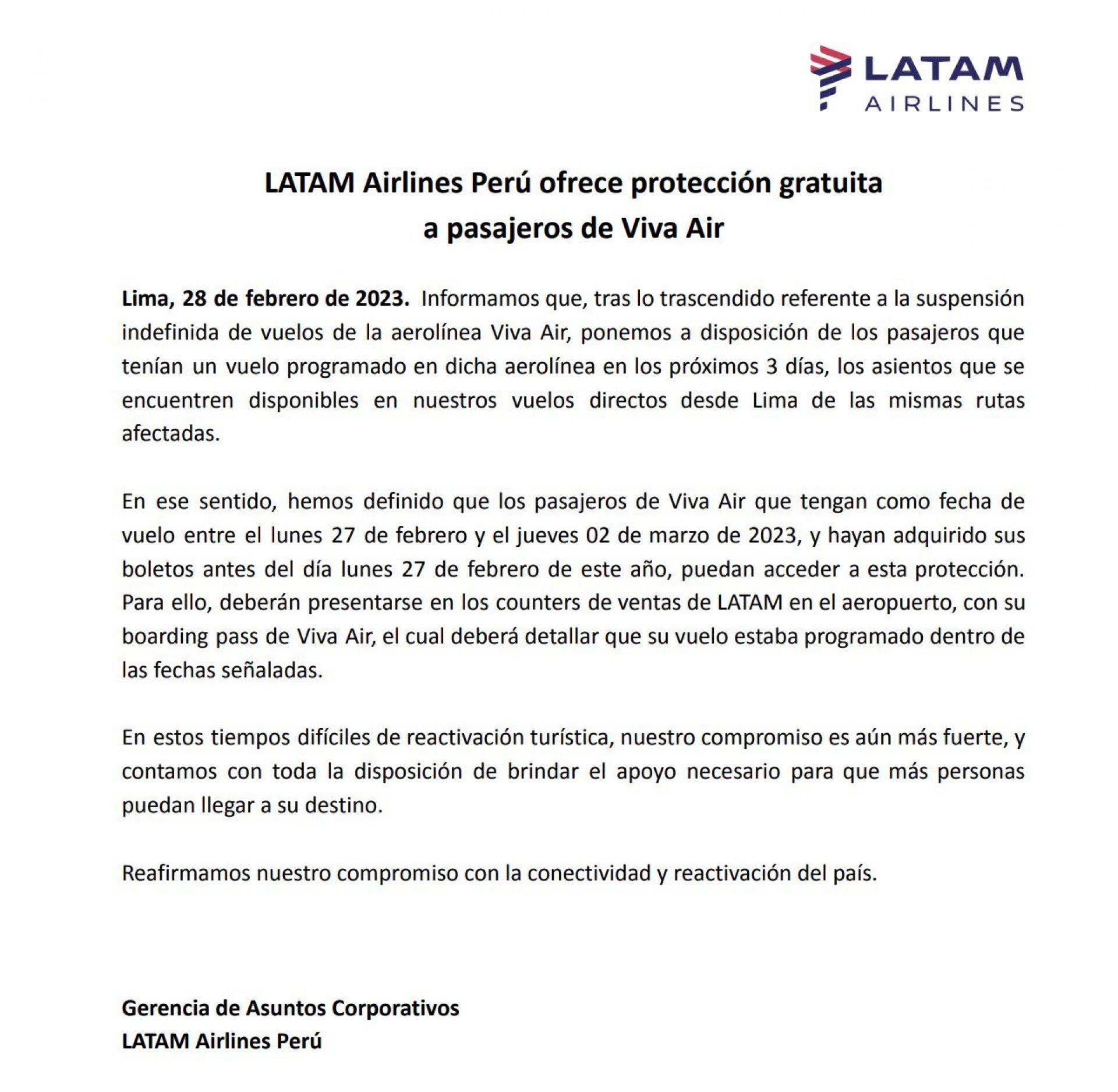 Latam ofrece apoyo en el traslado de pasajeros varados de Viva Air.