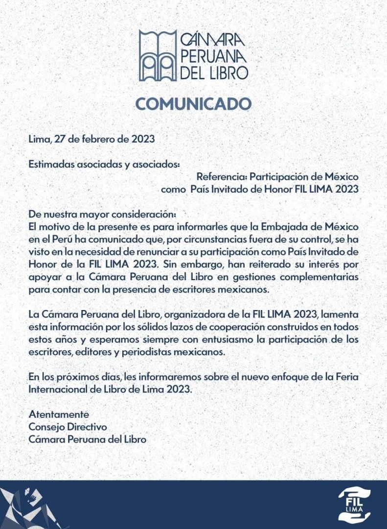 Mxico renunci a ser invitado de honor de la FIL LIMA 2023