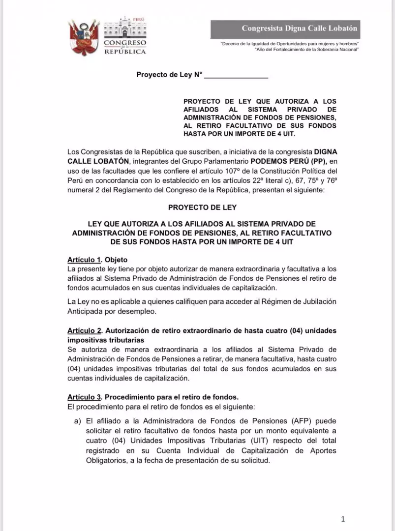 Proyecto de ley de Digna Calle sobre nuevo retiro de las AFP.
