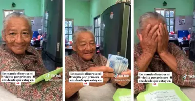 Abuelita llora tras recibir por primera vez dinero de su nieta