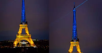 Torre Eiffel iluminado con los colores de la bandera de Ucrania.