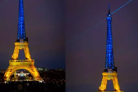 Torre Eiffel iluminado con los colores de la bandera de Ucrania.