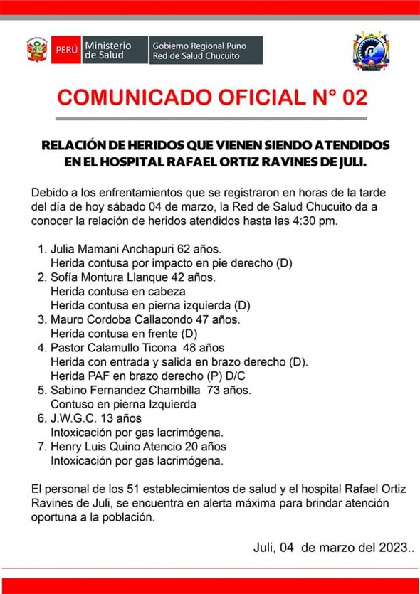 Nuevo reporte de heridos asciende a 7 en Juli, regin Puno.