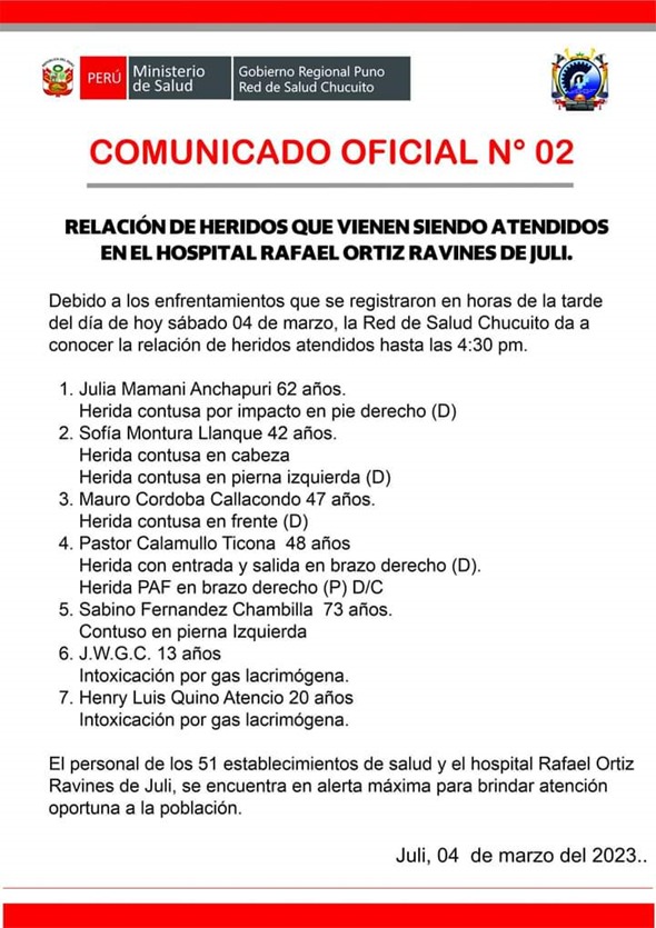Nuevo reporte de heridos asciende a 7 en Juli, región Puno.