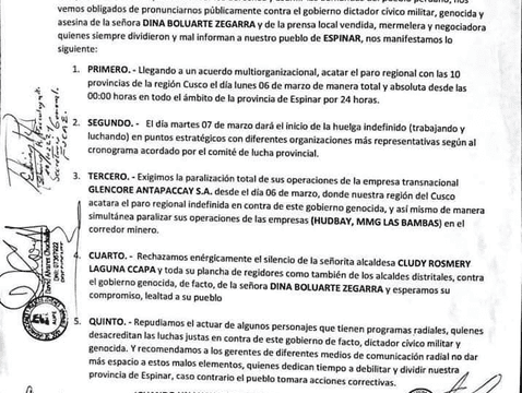 Comunicado de gremios que exigen el cierre de minas en Cusco.