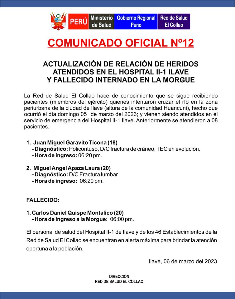 Comunicado de Red de Salud de El Collao.