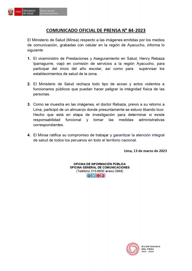 Comunicado oficial sobre ataque de viceministro en Ayacucho.