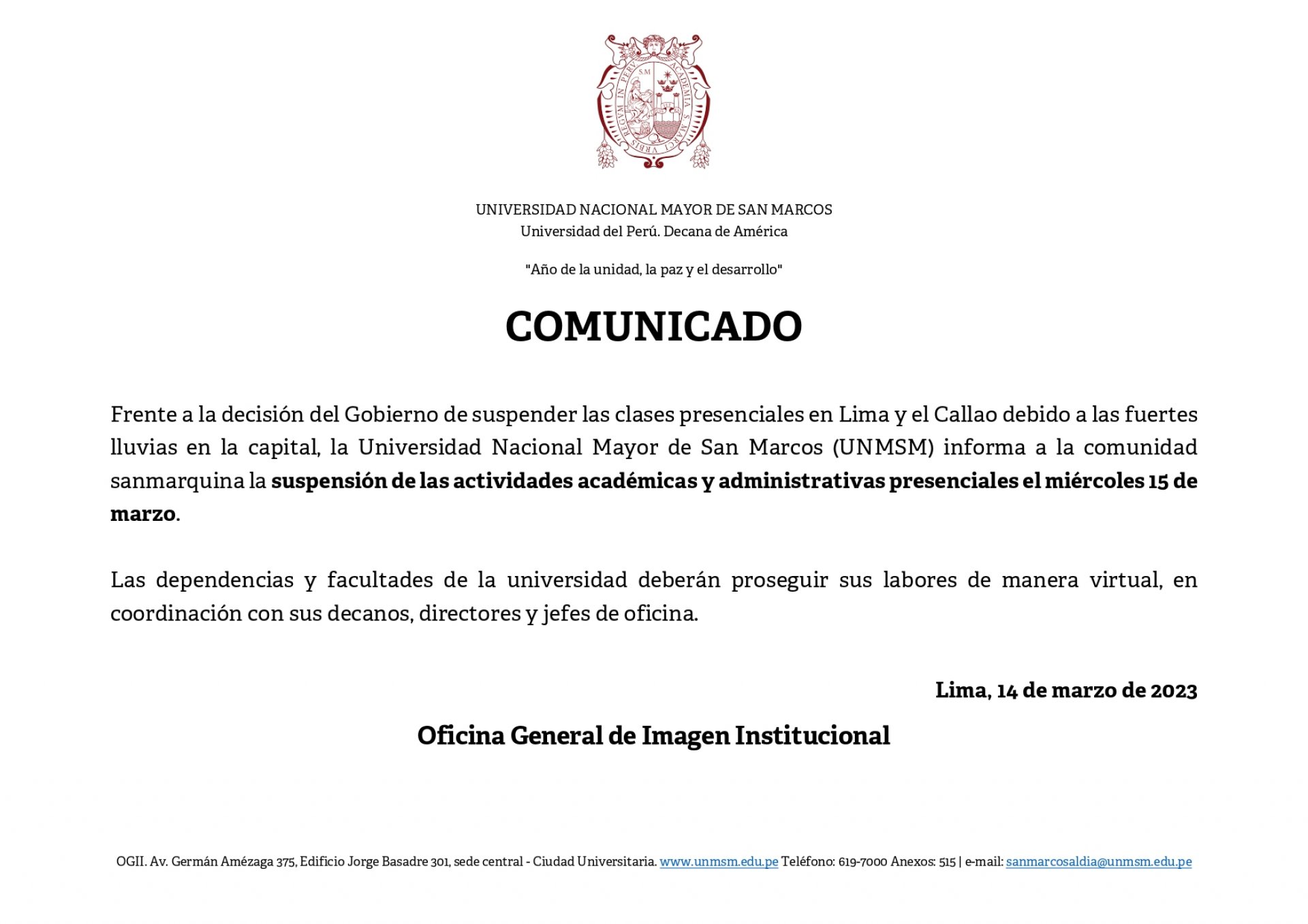 Comunicado de suspensin de clases presenciales en UNMSM.