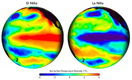 Imagen de NOAA que muestra anomalas (desviaciones de lo normal) de temperaturas en la superficie del mar.