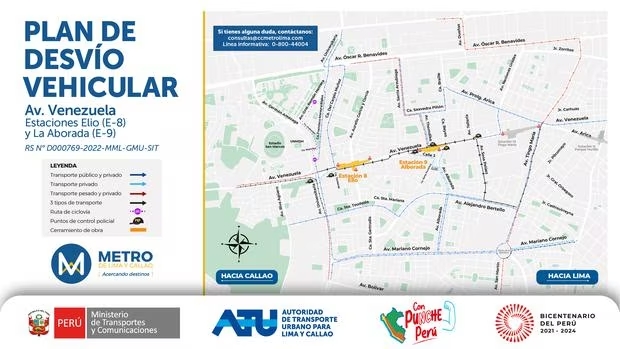 Plan de desvo vehicular en la avenida Venezuela por construccin de estaciones Elio (E-8) y Alborada (E-9).