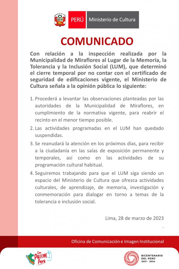 Ministerio de Cultura levantar observaciones para reabrir el LUM.