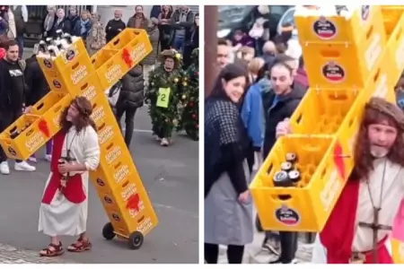 Hombre recrea Vía Crucis cargando cruz hecha con cajas de cerveza