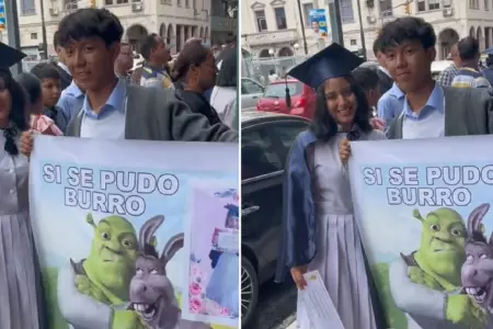 Joven termina el colegio y su hermano lleva gigantografa con frase de Shrek