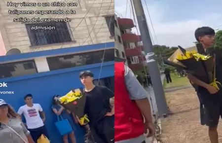 Joven espera con un ramo de tulipanes a su novia afuera de UNMSM.