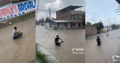 Jvenes en Sullana sorprenden en plena inundacin.