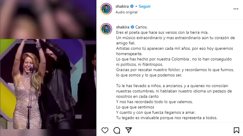 Shakira homenajea a Carlos Vives