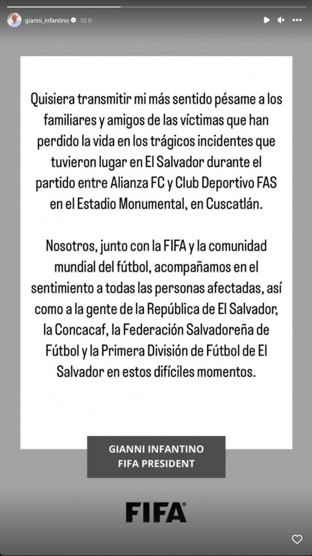 Condolencias de Gianni Infantino.