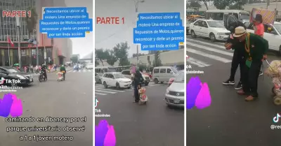 Motociclista baja a ayudar a un abuelito a cruzar la calle.