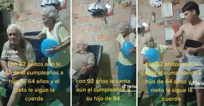 Mujer de 92 aos hace msica con un globo para celebrar el cumpleaos de su hijo