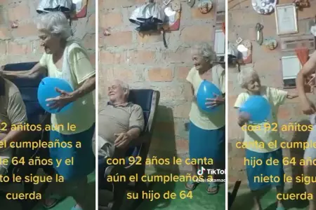 Mujer de 92 años hace música con un globo para celebrar el cumpleaños de su hijo