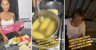 Venezolana prepara choclo con queso para repartirlo en la calle.