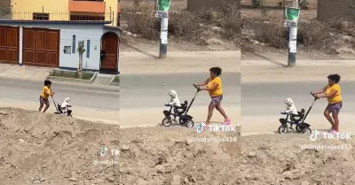 Mujer conmueve a todos al sacar a pasear a su perrito en coche.