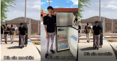 Estudiante lleva refrigeradora a su colegio en lugar de mochila