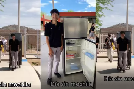 Estudiante lleva refrigeradora a su colegio en lugar de mochila