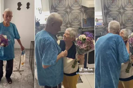 Abuelito sorprende con un ramo de flores a su esposa por su cumpleaos.
