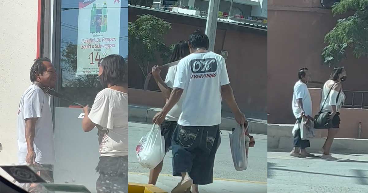 ¡Insólito! Mujer amarra a su pareja con correa y van de compras