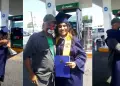 Joven graduada va hasta el trabajo de su padre para entregarle su diploma.