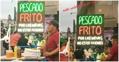Vendedor de pescado frito y su creativo letrero