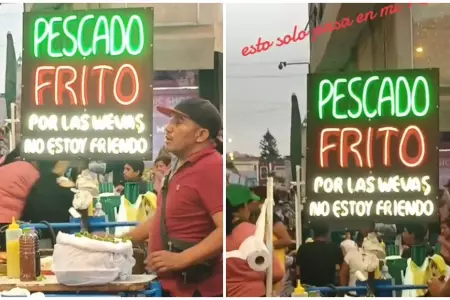 Vendedor de pescado frito y su creativo letrero