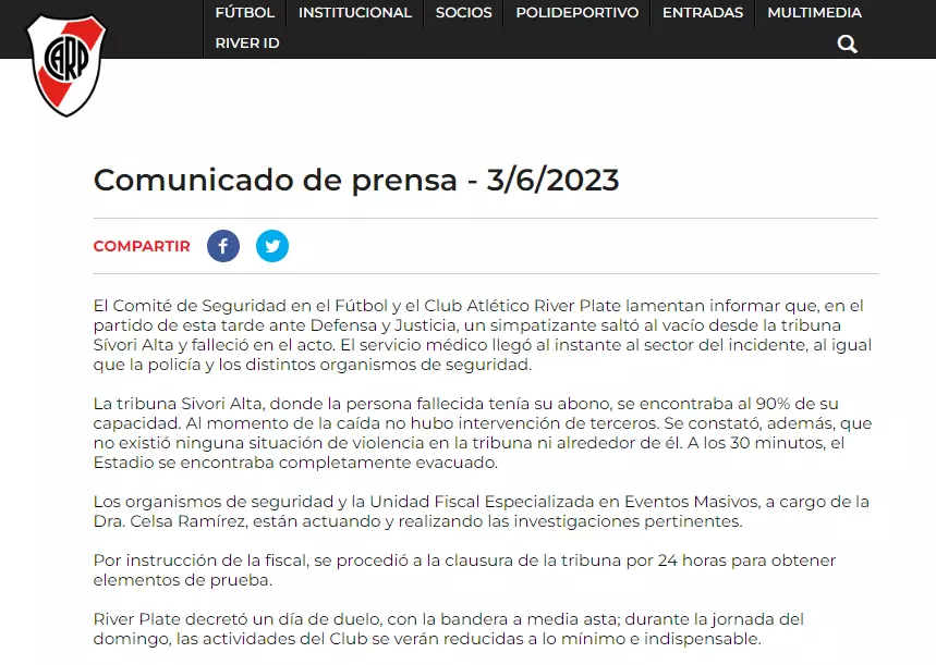 Comunicado de prensa - River Plate.
