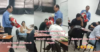Profesor carga al bebé de su alumna para que ella rinda tranquila su examen.