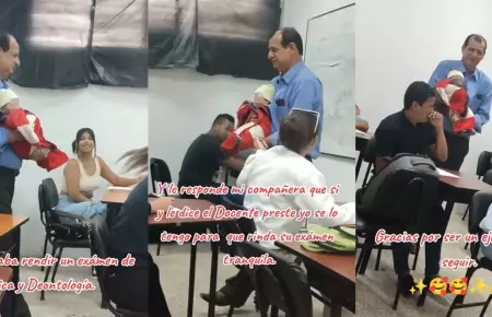 Profesor carga al beb de su alumna para que ella rinda tranquila su examen.
