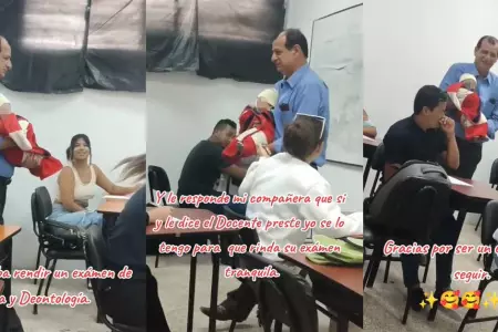 Profesor carga al beb de su alumna para que ella rinda tranquila su examen.
