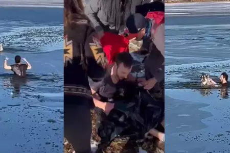Joven arriesga su vida para salvar a perrito de morir ahogado y congelado.