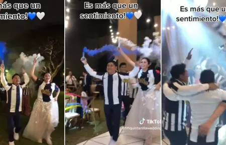 Pareja de recién casados celebra su boda al ritmo de la barra de Alianza Lima.