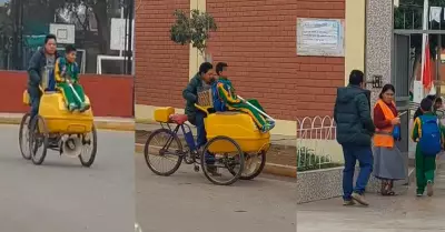 Padre lleva a su hijo al colegio en carrito de helados.