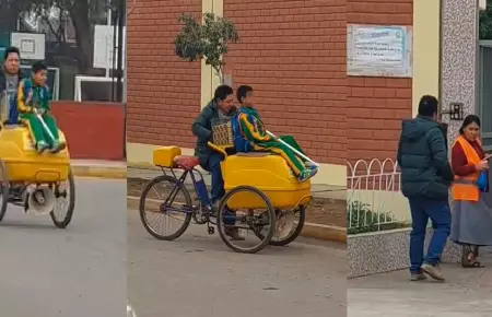 Padre lleva a su hijo al colegio en carrito de helados.