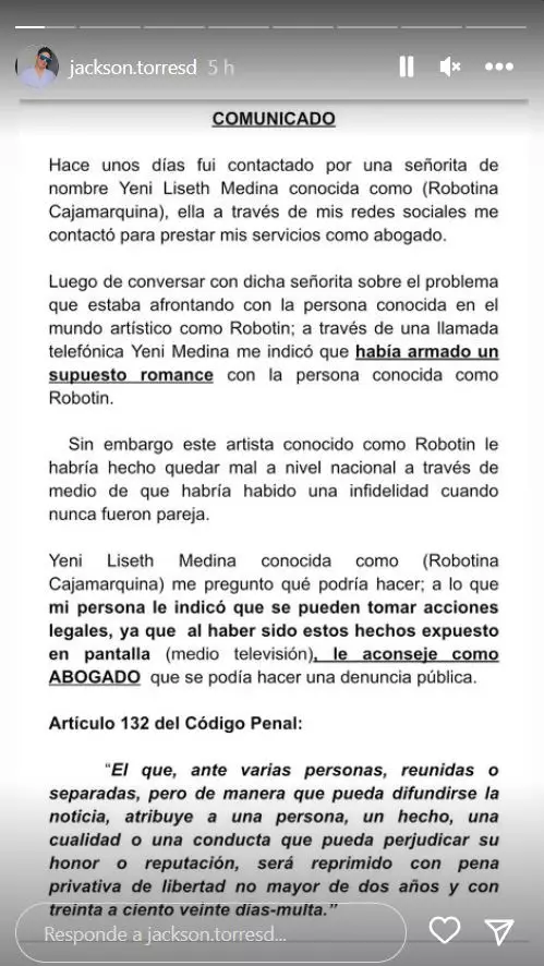Jackson Torres indica que Yeni Medina arm un romance con Robotn.
