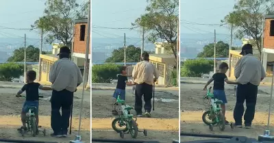 Nio toma de la mano a un anciano y lo ayuda a llegar seguro a su casa.